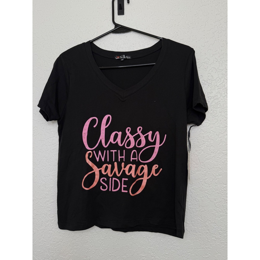 Classy With A Savage Side Black‎ V Neck T Shirt Womens Medium Graphic Tee